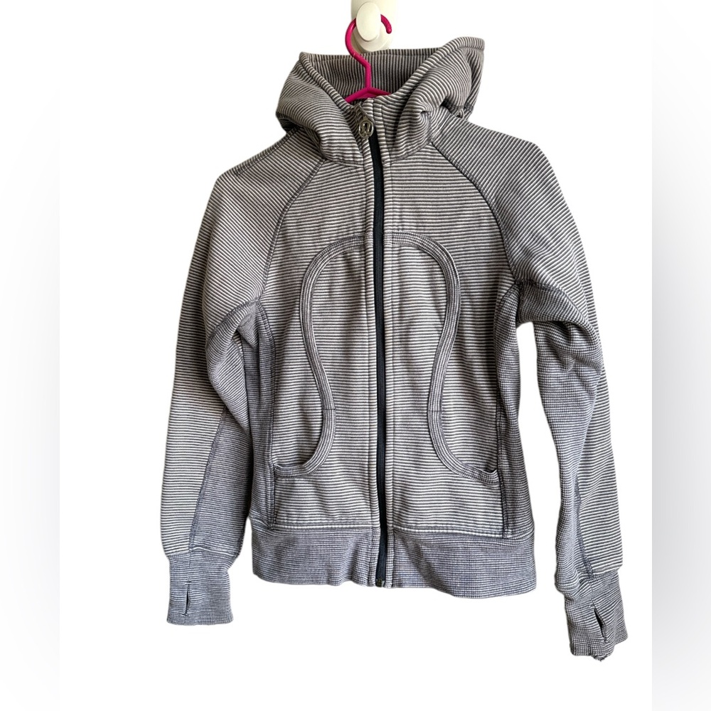 Lululemon Full Zip Scuba Hoodie Wren Wee Stripe Cashew Grey Sz 6